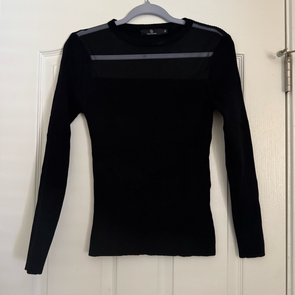 Black Ribbed Long-Sleeve Top with Sheer Yoke by Aritzia Wilfred